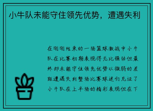 小牛队未能守住领先优势，遭遇失利